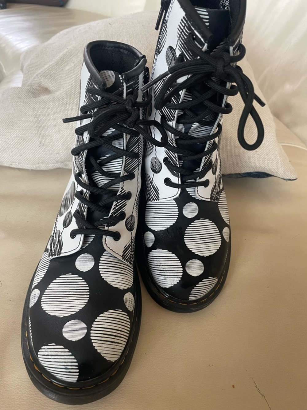 Dr. Martens Black & White Striped Polka Dot Lace-Up Boots - Picture 4 of 14
